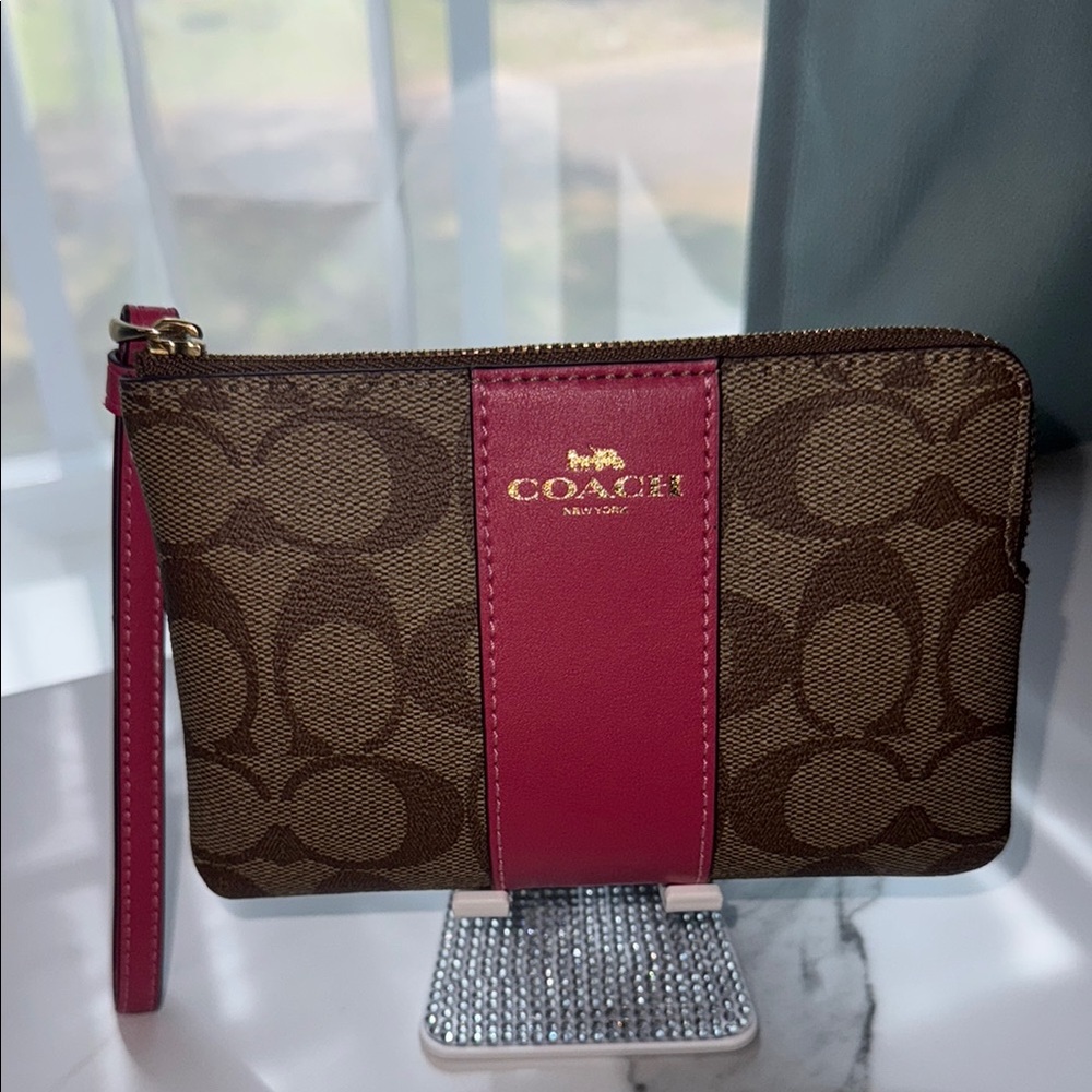 Coach Brown and Pink Monogram Wristlet